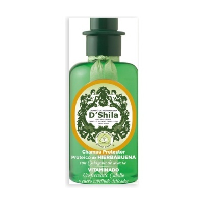 Frasco verde transparente de champô com rótulo D'Shila