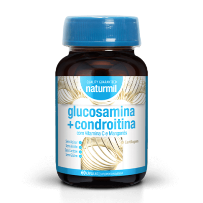 Frasco de suplemento Naturmil glucosamina e condroitina com tampa azul