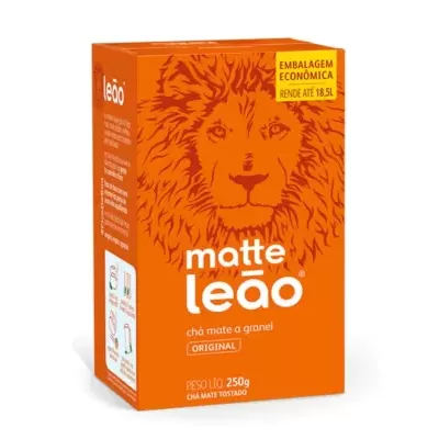 Caixa laranja de chá mate a granel com desenho de leão e texto branco