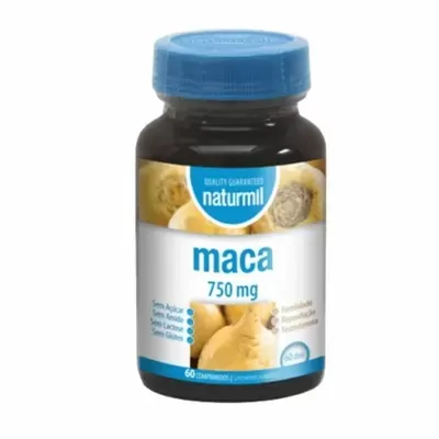 Frasco de suplemento maca 750 mg da marca Naturmil com tampa azul