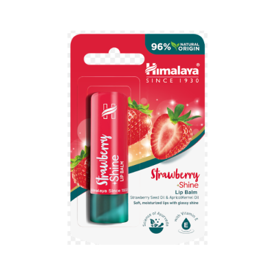 Bálsamo labial vermelho e verde com morangos e texto Himalayan