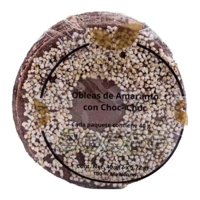 Pacote redondo de Obleas de Amaranto com Choc-Choc com grãos de amaranto branco visível