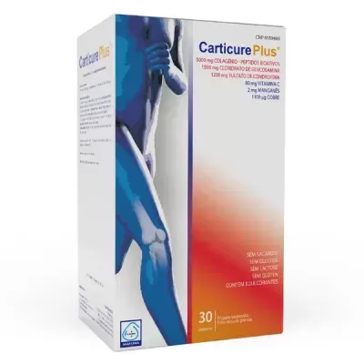 Caixa de suplemento Carticure Plus com imagem de corpo humano azul e texto de ingredientes.