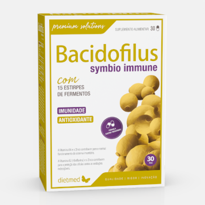 Caixa do suplemento alimentar Bacidofilus symbio immune em branco e amarelo com texto roxo e amarelo