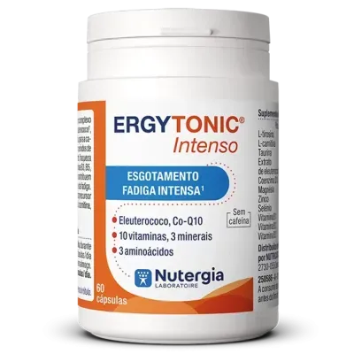 Frasco de suplemento Nutergia ERGYTONIC Intenso para fadiga intensa com ingredientes e 60 cápsulas