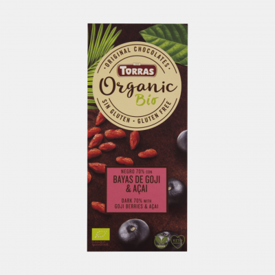 Embalagem de chocolate orgânico negro 70% com bayas de goji e açaí