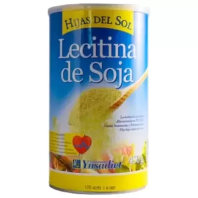 Lata de Lecitina de Soja Hijas del Sol com colher e pó amarelo