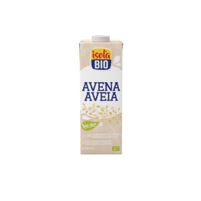 Caixa branca e bege de bebida vegetal Isola Bio Avena Aveia com tampa cinzenta