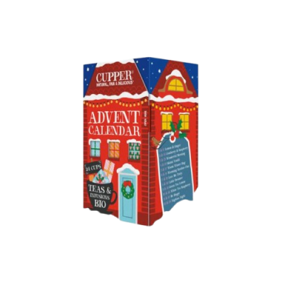 Calendário do Advento Cupper em formato de casa vermelha com neve e porta azul