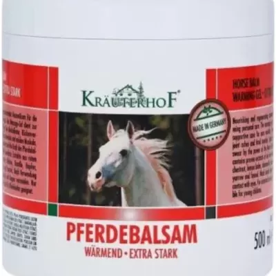 Frasco de pomada Pferdebalsam com imagem de cavalo e selo Made in Germany