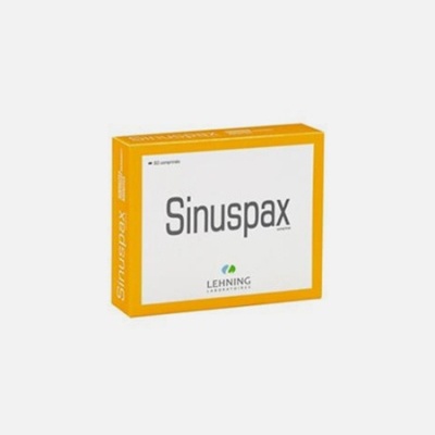 Caixa branca e amarela de medicamento Sinuspax com logotipo LEHNING Laboratoires.