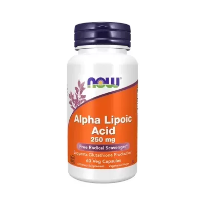 Frasco de suplemento Alpha Lipoic Acid 250 mg da NOW, com rótulo laranja e roxo.