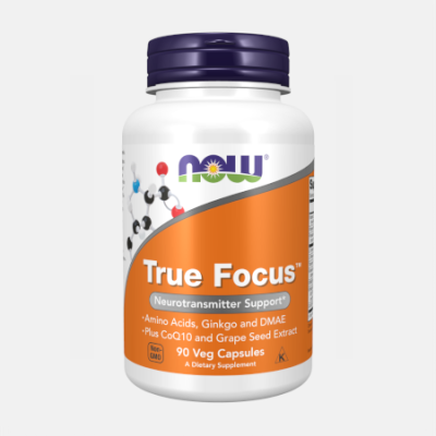 Frasco de suplemento NOW True Focus com rótulo laranja e tampa roxa