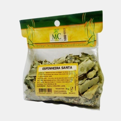 Pacote com folhas secas da planta Espinheira Santa com rótulo amarelo