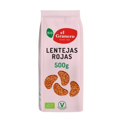 Pacote rosa claro de lentilhas vermelhas El Granero 500g com logótipos e texto