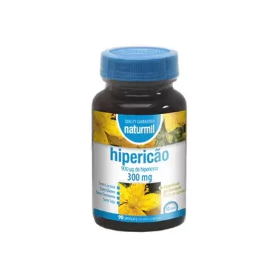 Frasco de suplemento naturmill hipericão 300 mg com tampa azul e rótulo com flores amarelas