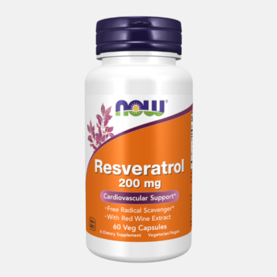 Frasco de Resveratrol NOW 200 mg com tampa roxa