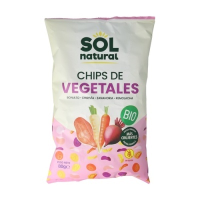 Pacote branco e rosa de chips de vegetais SOL natural com imagens de vegetais e texto