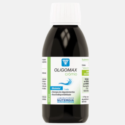 Frasco de suplemento alimentar Oligomax Crómio com etiqueta branca e verde