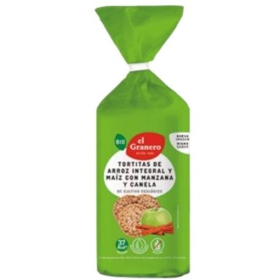 Pacote verde de tortitas de arroz integral e milho com maçã e canela el Granero