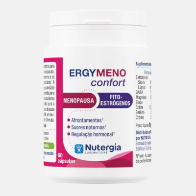 Frasco branco de suplemento ERGYMENO confort para menopausa da Nutergia