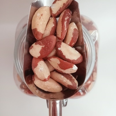 Concha metálica com nozes do Brasil bicolores sobre frasco de vidro cheio