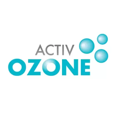 Logótipo com o texto ACTIV OZONE e quatro esferas azuis brilhantes