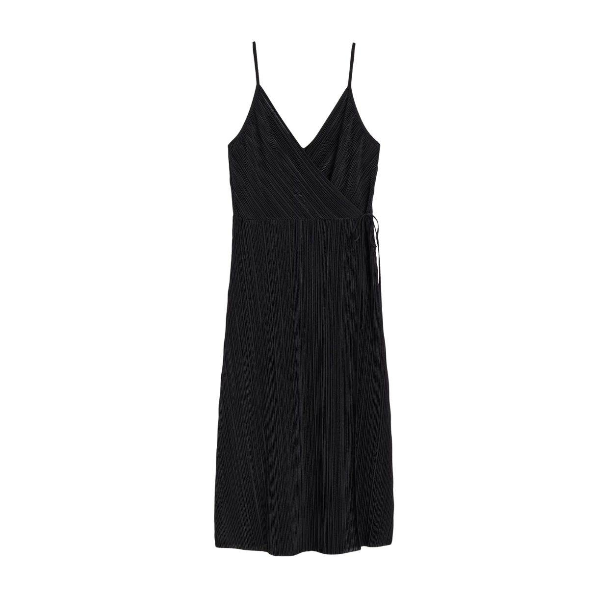 Vestido preto plissado de alças finas com decote em V e laço na cintura