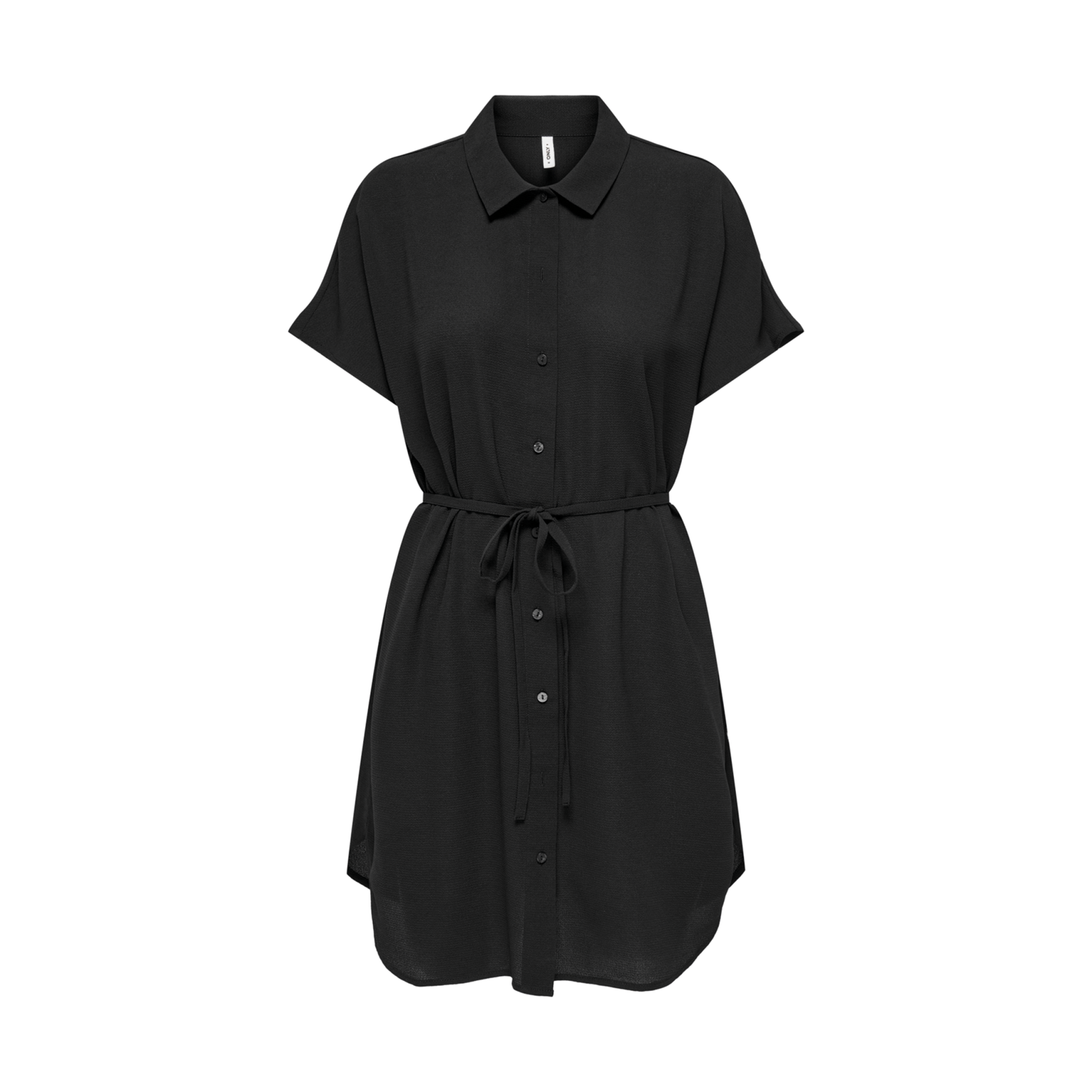 Vestido curto preto com botões e cinto de tecido