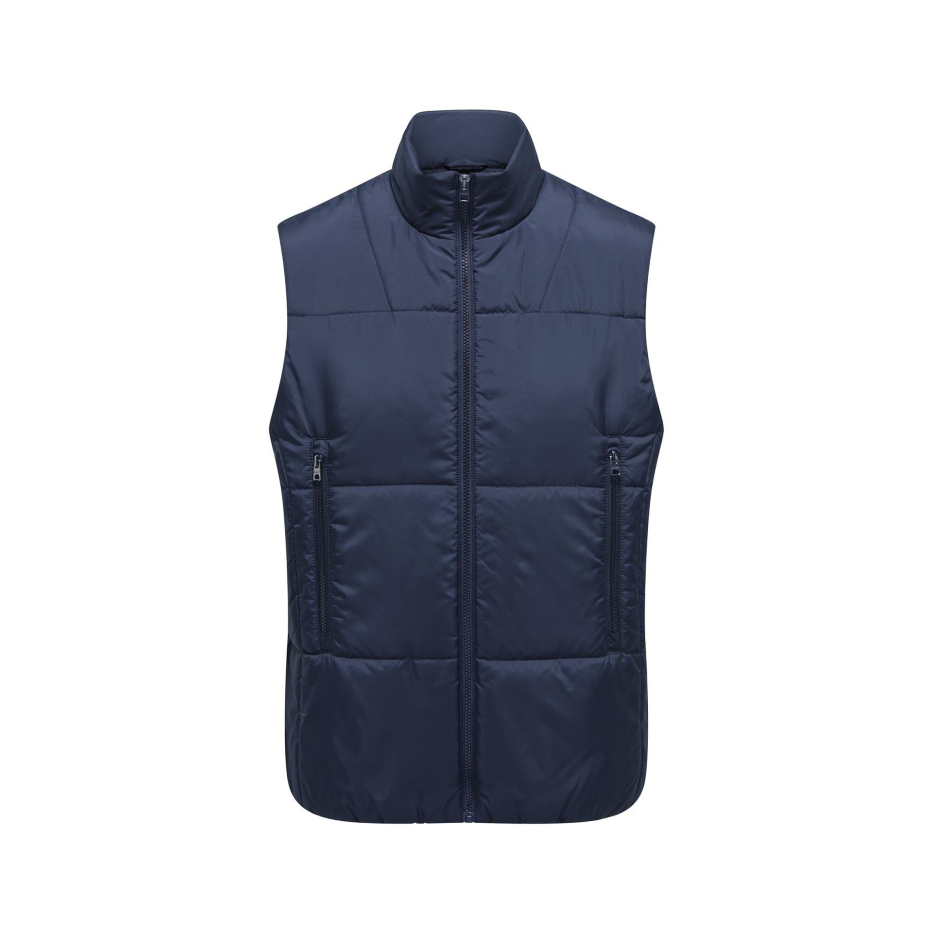 Colete azul escuro acolchoado com fecho de correr e bolsos laterais