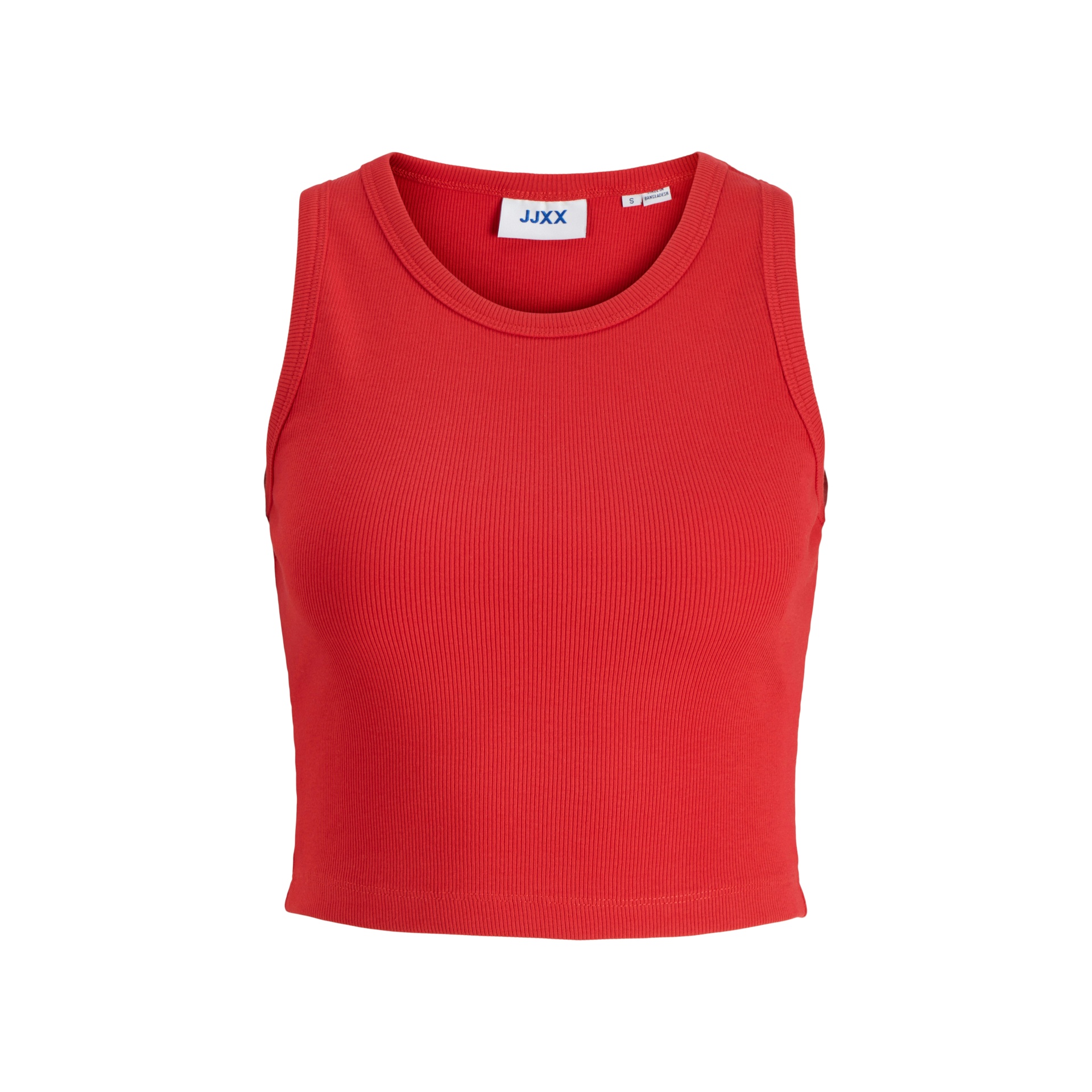 Top cropped vermelho com textura canelada e etiqueta JJXX