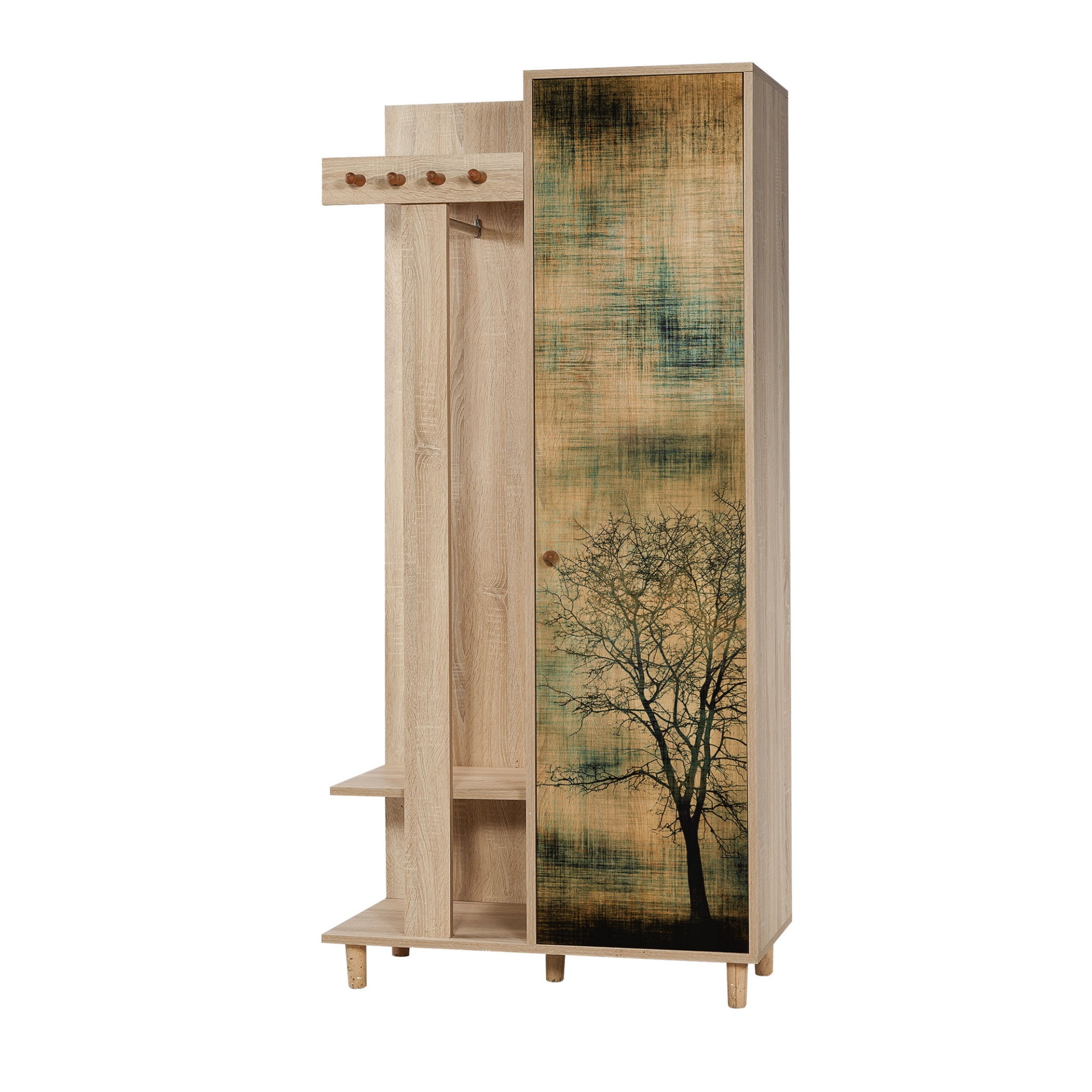 Roupeiro de madeira clara com porta decorada com imagem de árvore