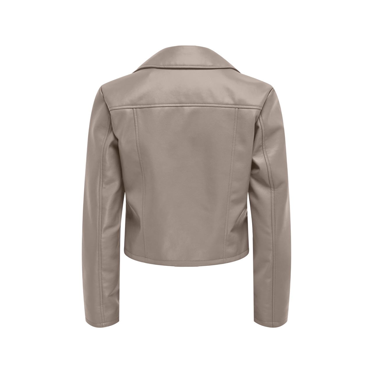 Casaco curto bege claro de tecido tipo couro sintético visto de costas