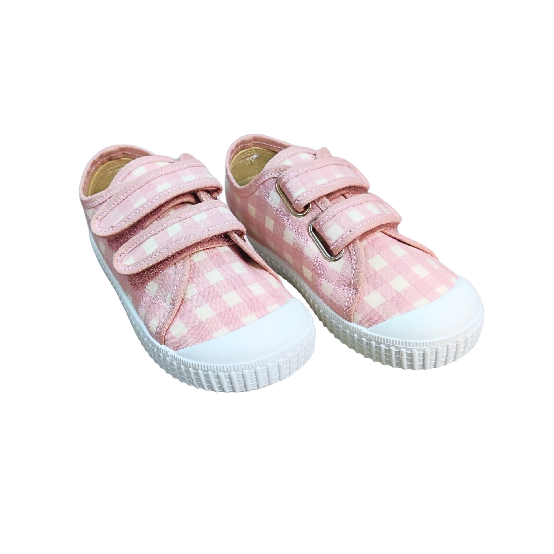 Ténis infantis cor de rosa com padrão quadriculado e fechos de velcro