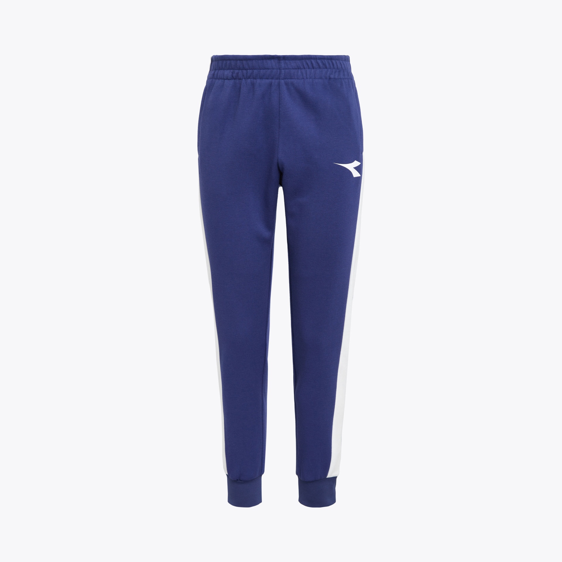 Calças de treino azuis com faixa branca lateral e logótipo branco