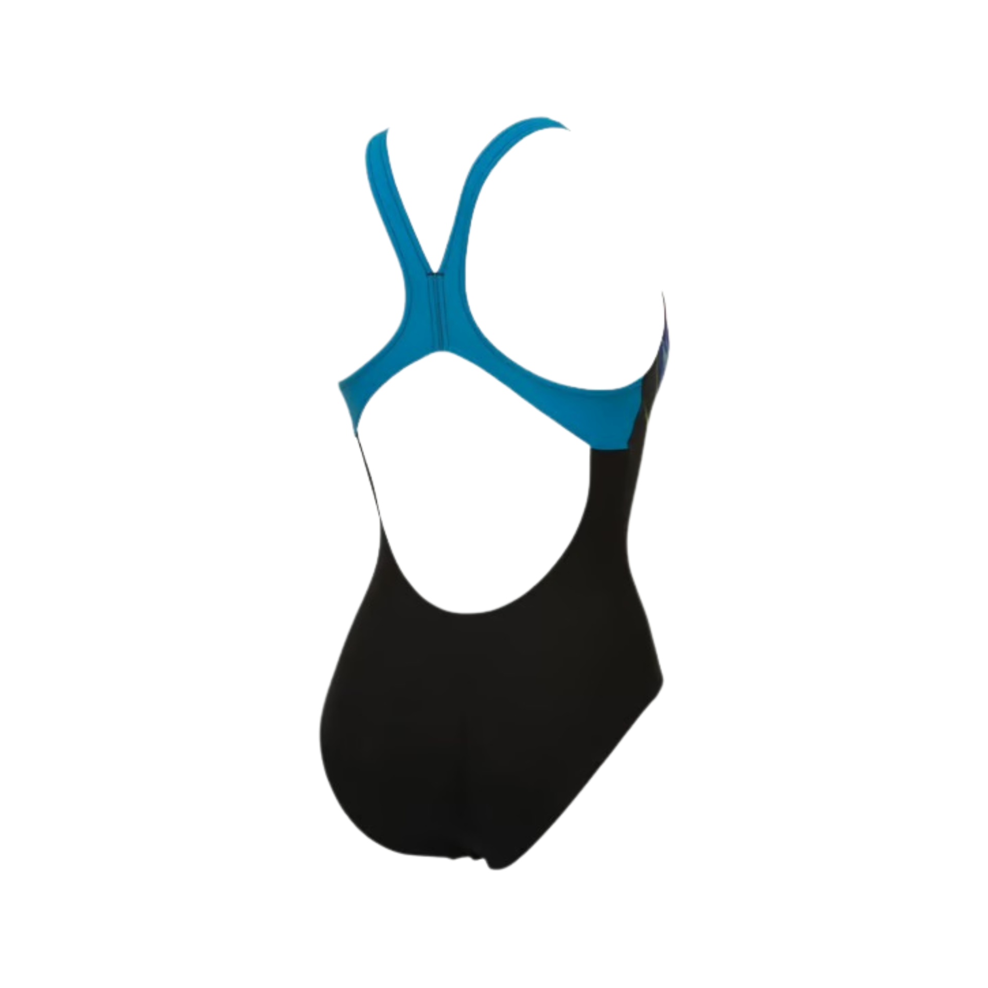 Fato de banho feminino azul e preto com alças largas em X nas costas