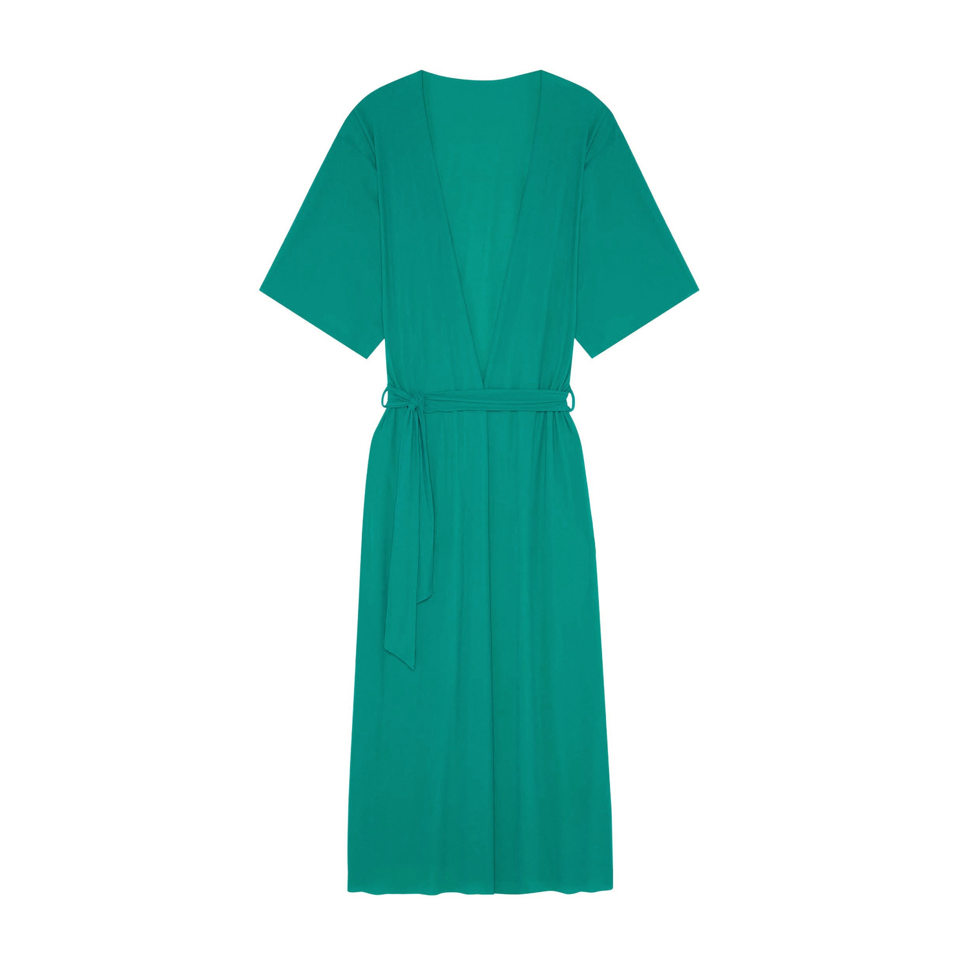 Vestido verde turquesa com cinto e decote em V