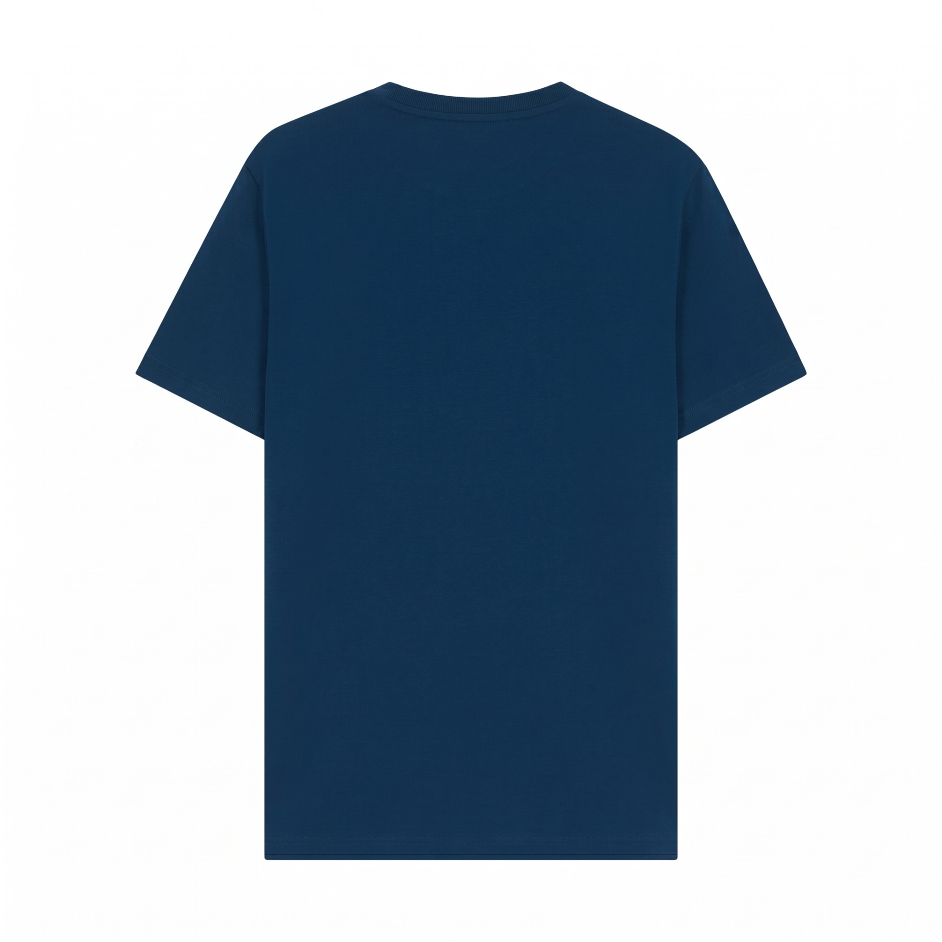 T-shirt azul escura de manga curta vista da parte traseira