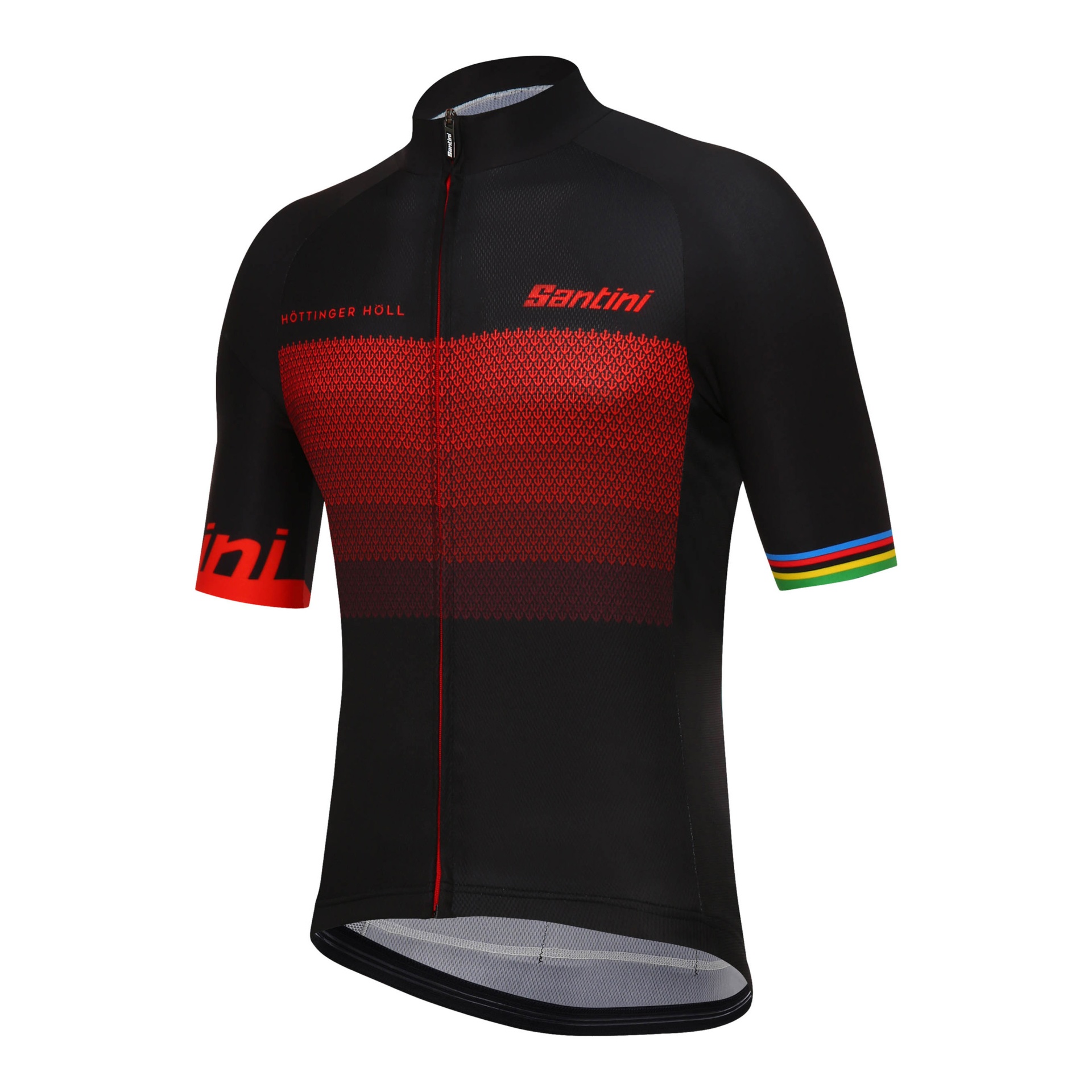 Camisola de ciclismo preta e vermelha com padrões geométricos e fecho frontal