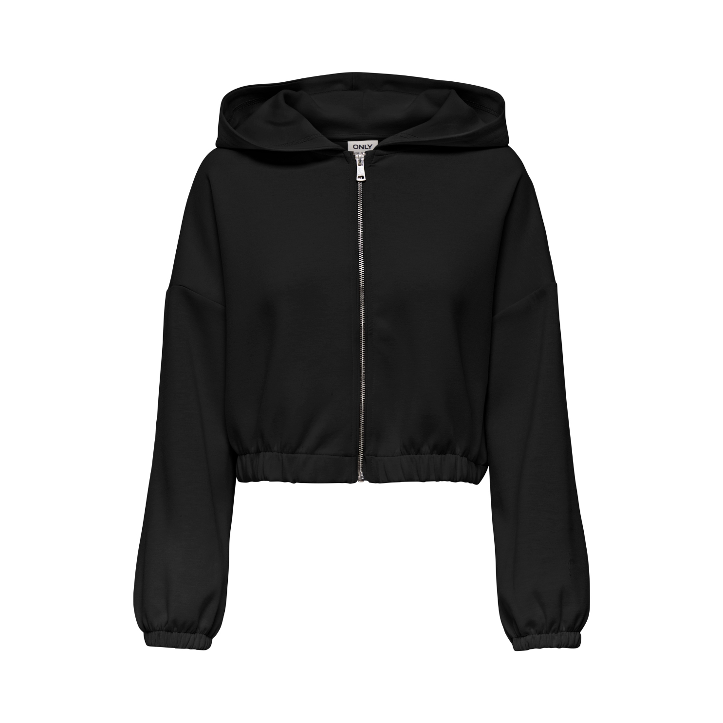 Casaco preto com capuz e fecho zip prateado