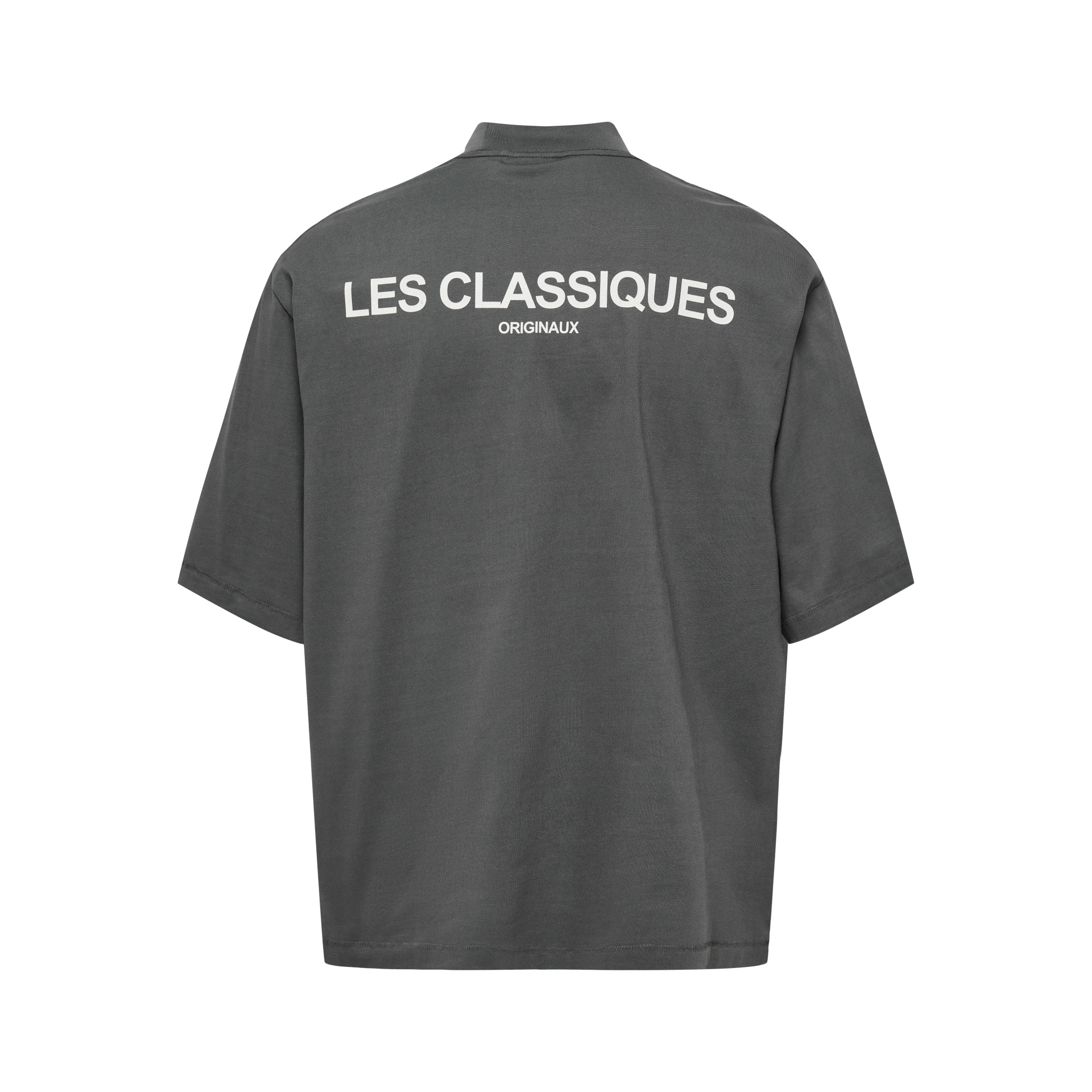 T-shirt cinzenta escura com texto branco LES CLASSIQUES ORIGINAUX nas costas