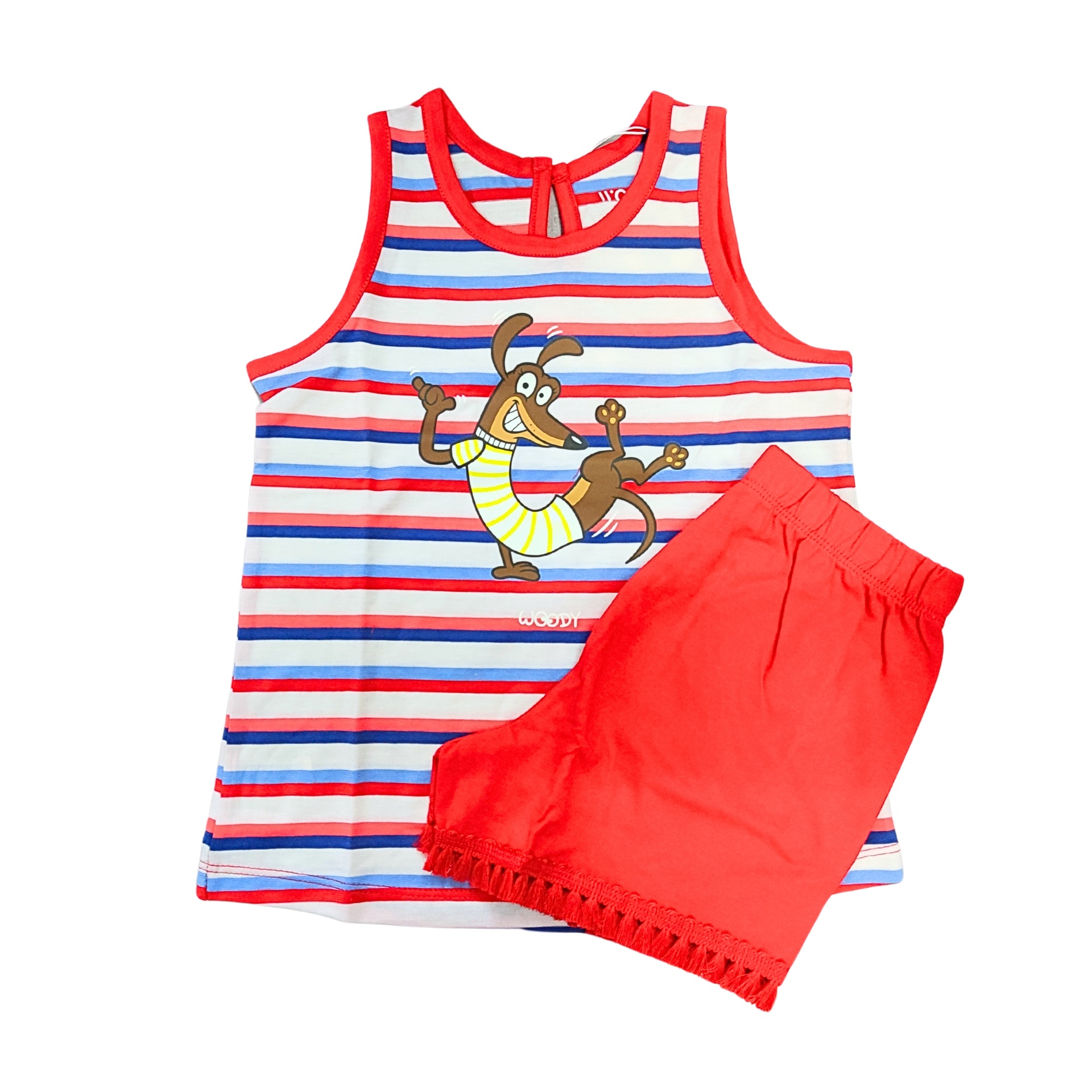 Conjunto infantil com regata às riscas e calções vermelhos