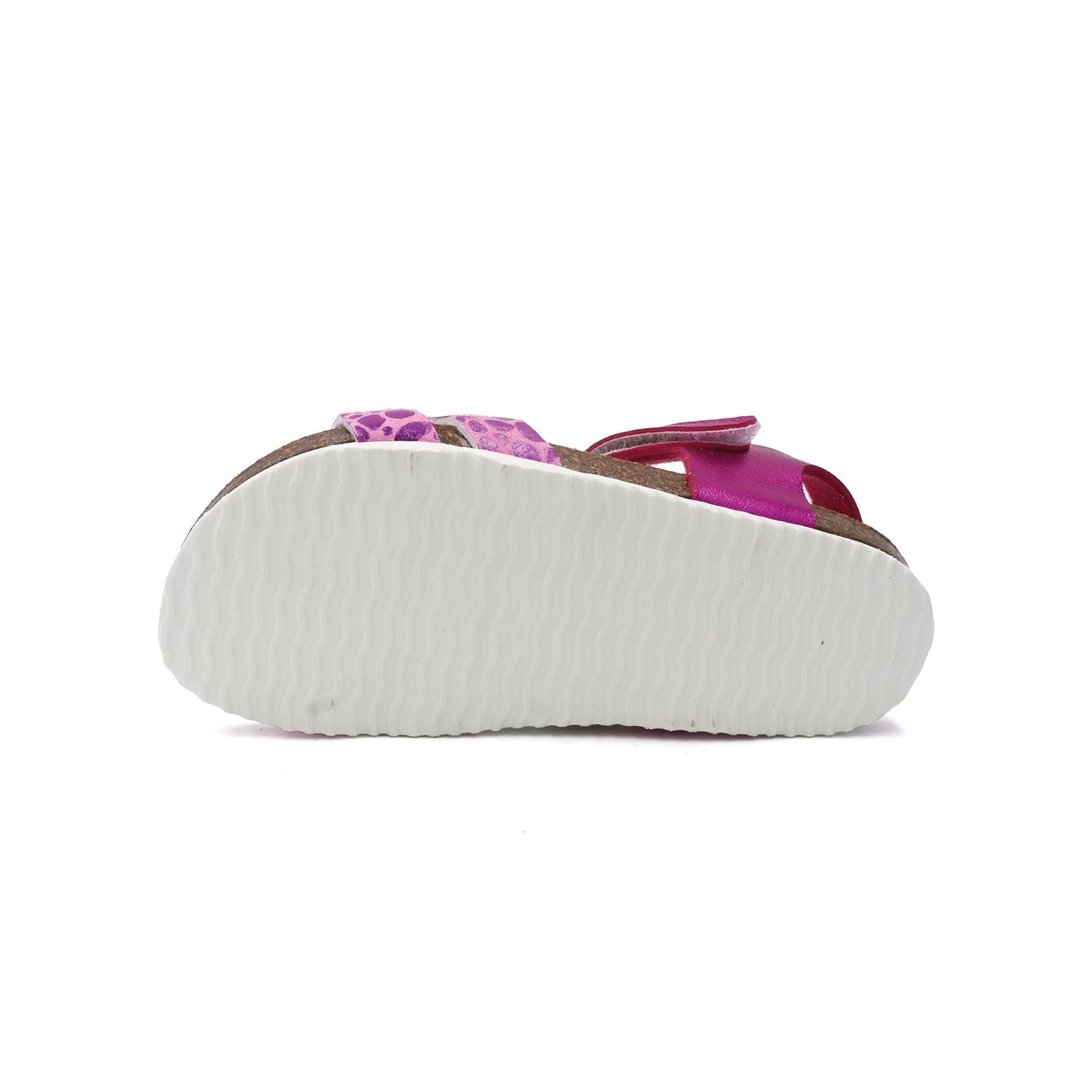 Sandália rosa com sola branca e padrão animal print