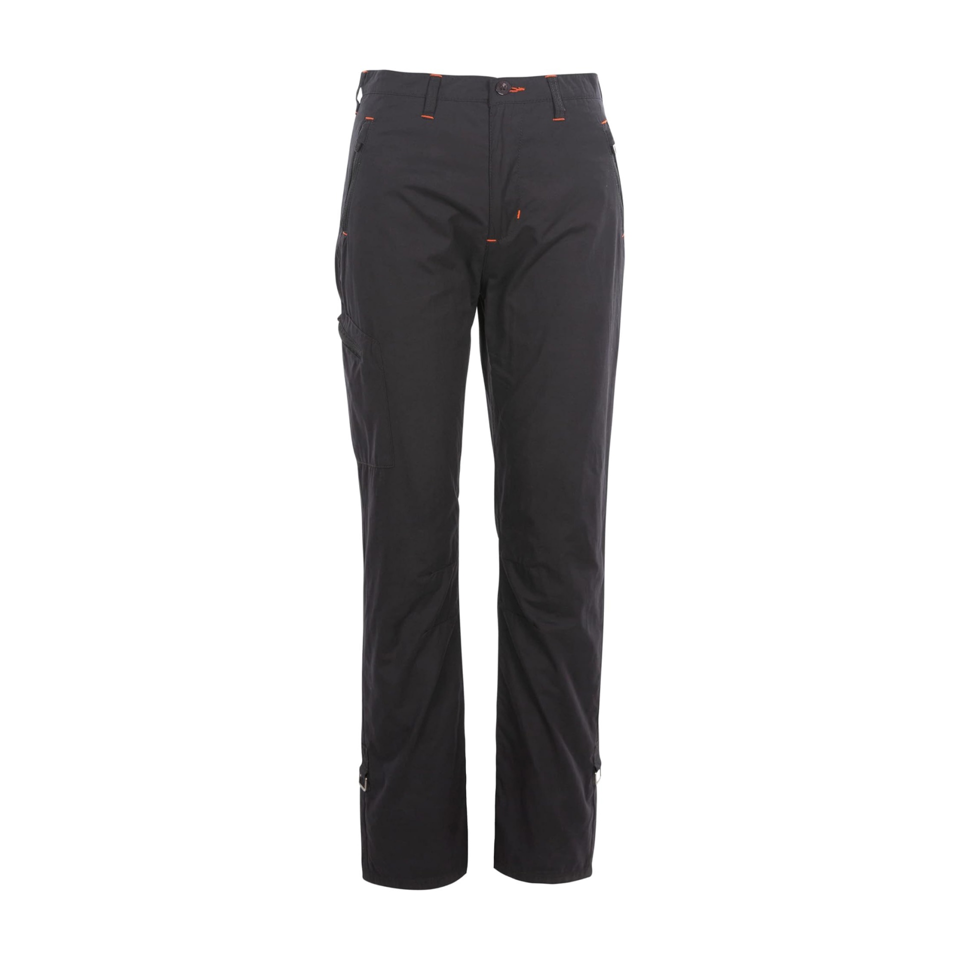 Calças pretas com costuras laranja e bolsos