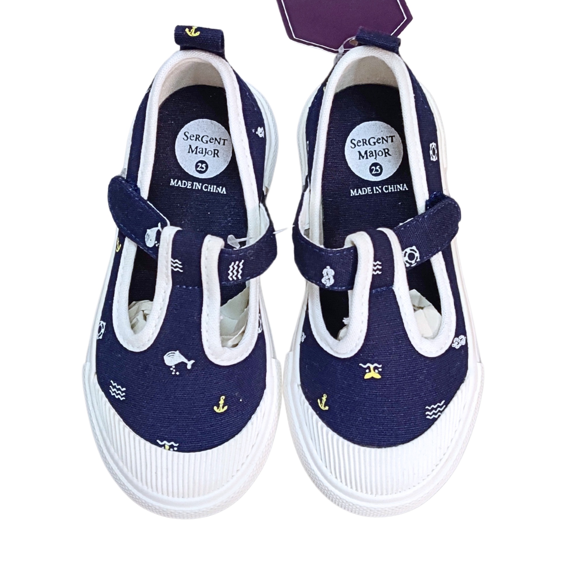 Sapatilhas infantis azuis com padrões náuticos e fecho de velcro