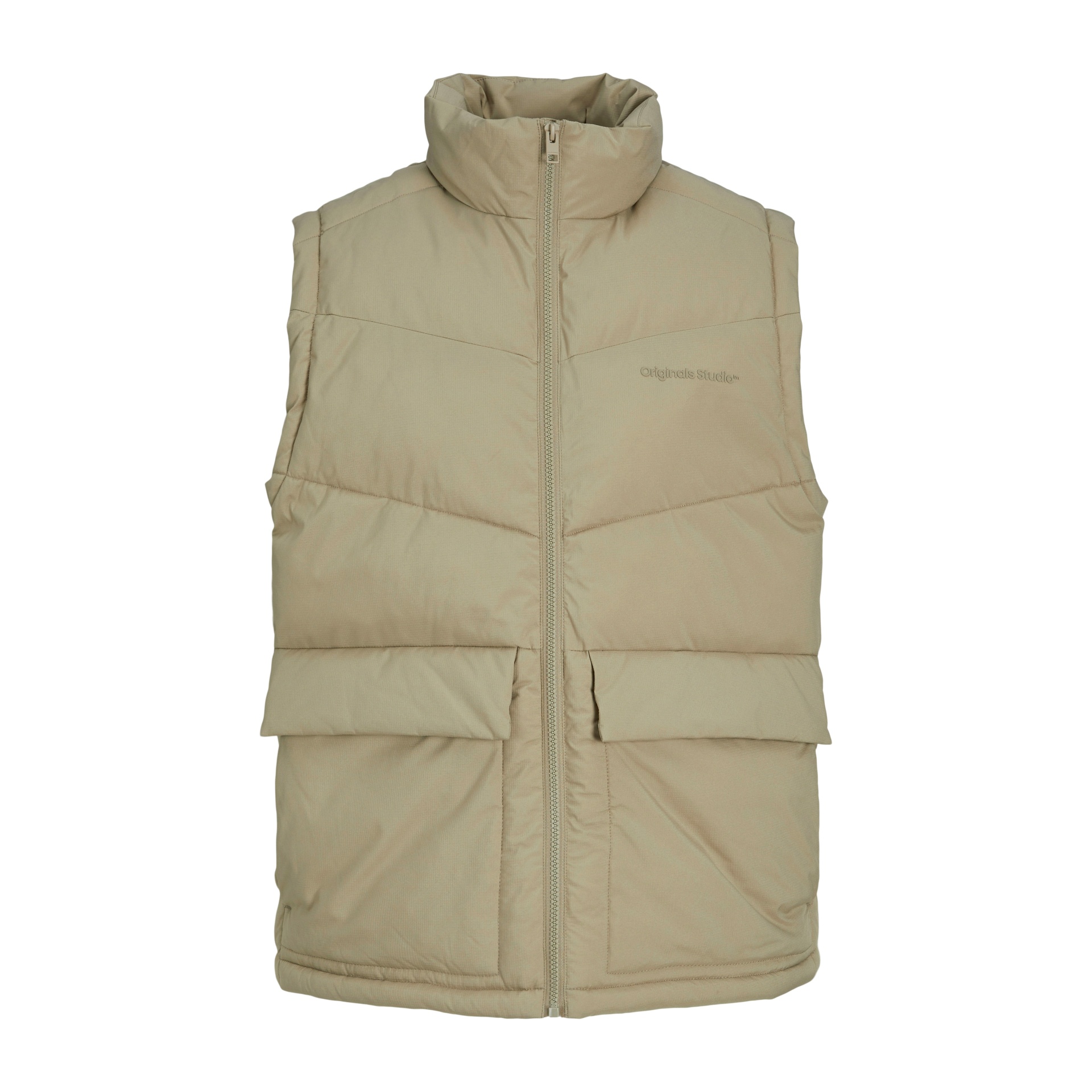 Colete acolchoado bege com fecho de correr e bolsos frontais