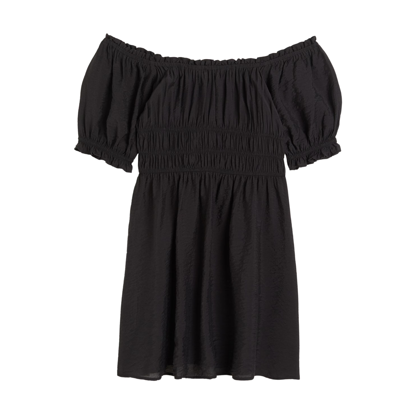 Vestido preto ombro a ombro com mangas bufantes e franzidos