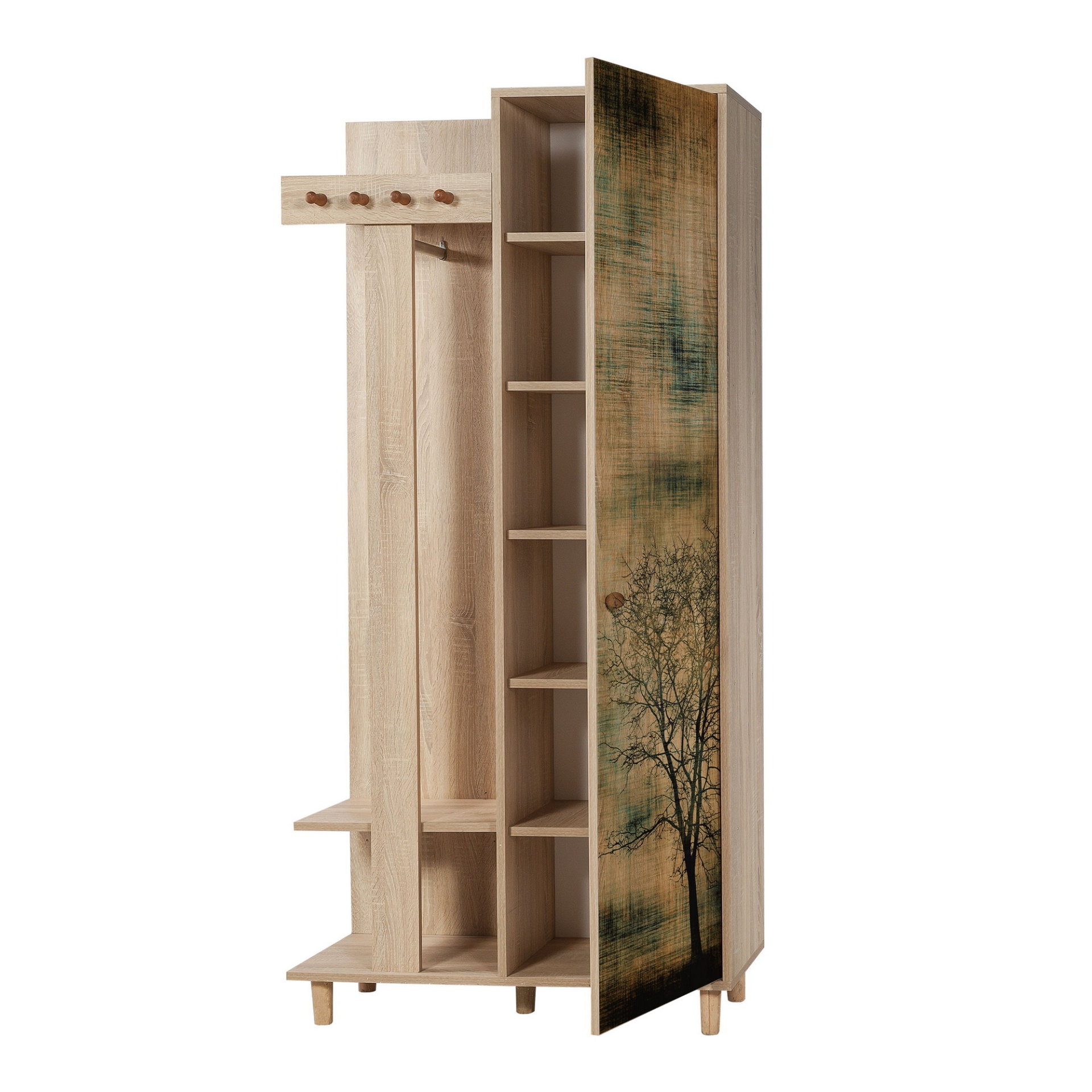 Móvel de madeira clara com porta decorada com árvore e ganchos para pendurar.