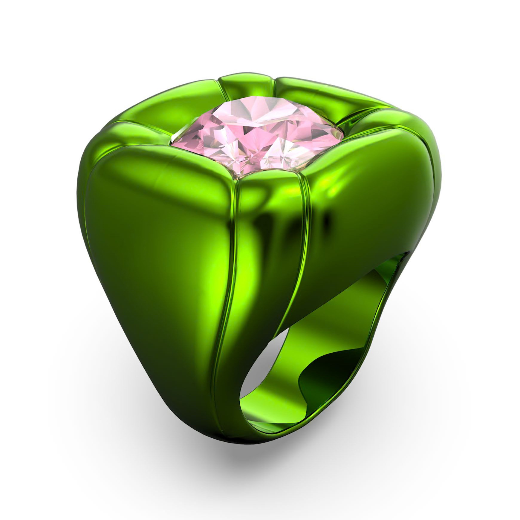 Anel verde metálico com pedra rosa quadrada