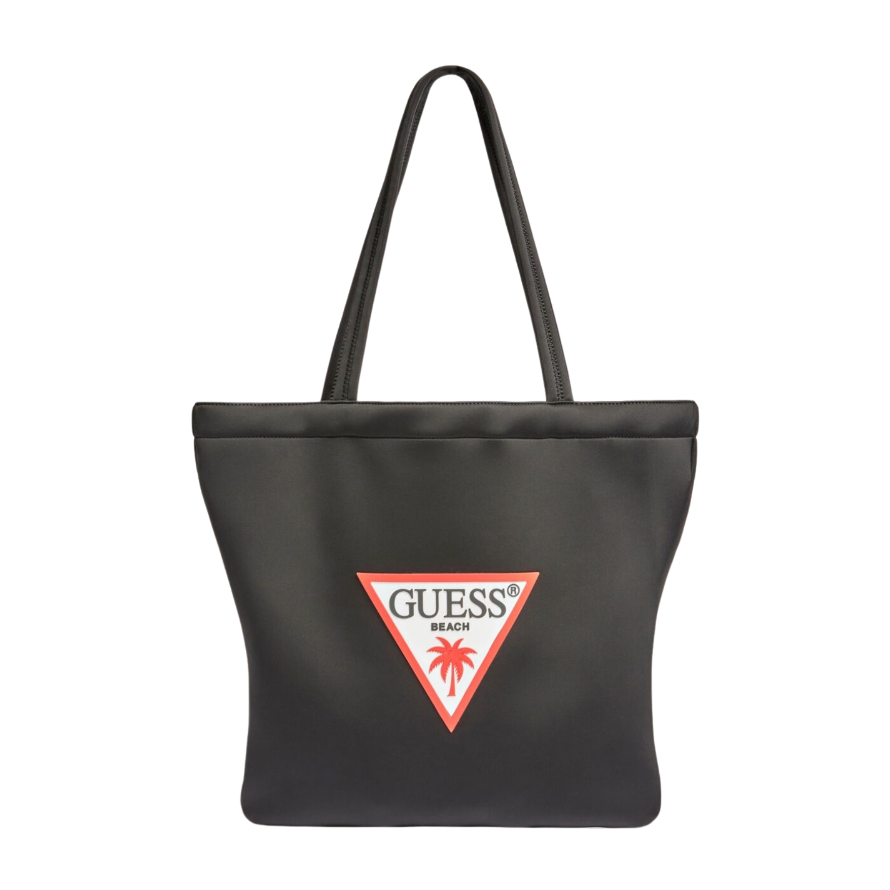 Mala de praia preta com logo GUESS BEACH e palmeira vermelha